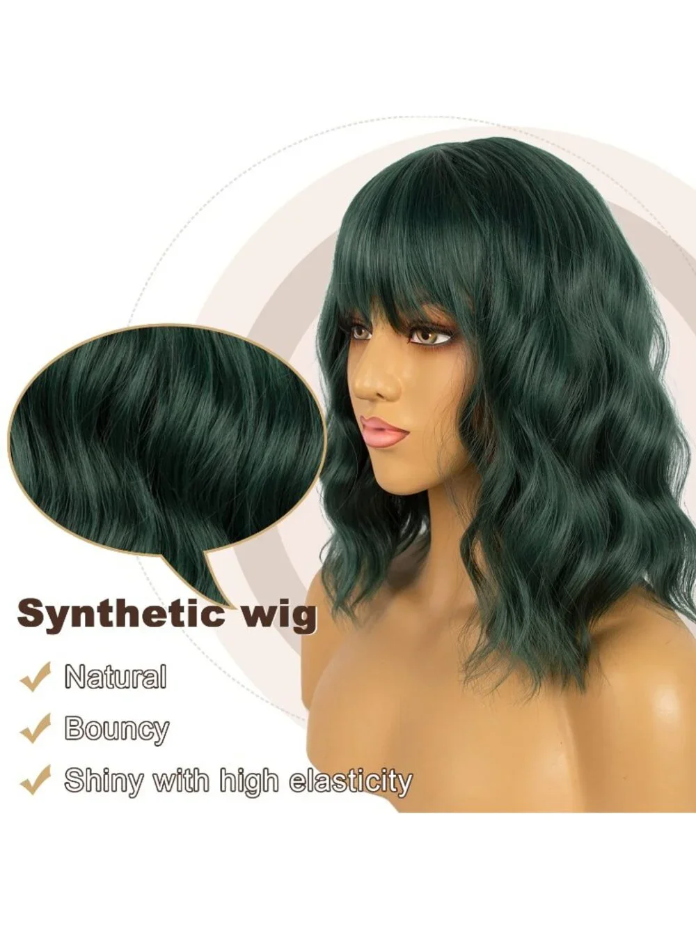 Women's Dark Green Shoulder Length Synthetic Loose Wavy Short Bob Wigs Bangs
